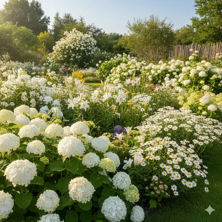 Eine Sammlung schöner Gartenpflanzen mit weißen Blüten in einem gut gepflegten Garten.