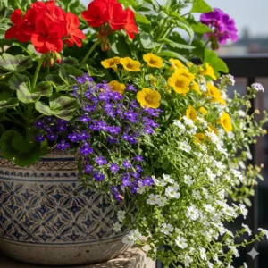 Nahaufnahme von bunten Gartenpflanzen im Topf für Balkon Und Terrasse
