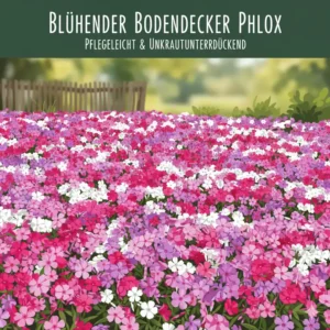 Nahaufnahme eines blühenden Bodendeckers (z.B. Phlox), der zu den pflegeleichte blühende gartenpflanzen für schattige Bereiche gehört.