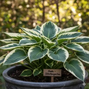 Nahaufnahme einer großen, grünen Hosta-Pflanze, eine perfekte Wahl, um Gartenpflanzen für Schattenplätze kaufen.