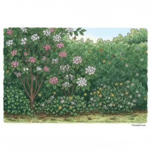  Ein Beispiel dafür, welche gartenpflanzen blühen das ganze jahr: Eine Nahaufnahme von immergrünen Pflanzen wie Heckenkirsche oder Schneeball, die selbst im Winter für Farbe sorgen.