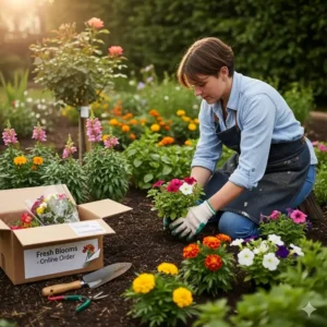 Günstige Gartenpflanzen online bestellen: Eine Person pflanzt Blumen in ihrem Garten ein.