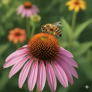 Eine Nahaufnahme von einem Sonnenhut, der Gartenpflanzen für bienenfreundlichen Garten darstellt und von einer Biene besucht wird.