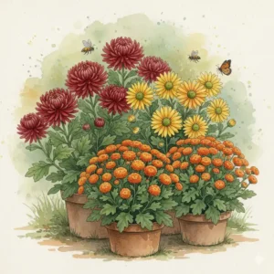 Verschiedene farbenfrohe Chrysanthemen-Sorten (Winterastern), beliebte Gartenpflanzen die im Herbst blühen und langanhaltende Farbe bieten.