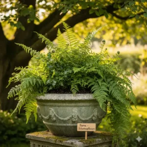 Eine Ansammlung verschiedener Farnarten in einem dekorativen Topf, ideal, um Gartenpflanzen für Schattenplätze kaufen und eine texturierte Optik zu schaffen.