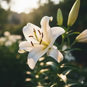 Eine elegante weiße Lilie, die Schönheit unter den Gartenpflanzen mit weißen Blüten.