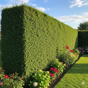 Eine frisch geschnittene Eibenhecke, eine der schnell wachsenden Gartenpflanzen für Sichtschutz, die einen immergrünen Schutz für den Garten bildet.