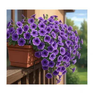 Hängende Petunien in Violett, üppige blühende Gartenpflanzen für Balkonkästen.