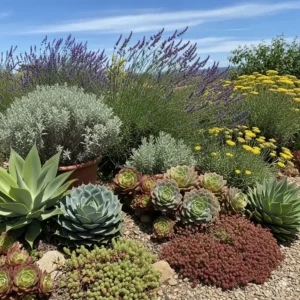 Eine Gruppe trockenresistenter Pflanzen wie Sukkulenten und Lavendel, die auch in trockenen Sommern gut überleben. Ein Beispiel für pflegeleichte Gartenpflanzen für Anfänger.