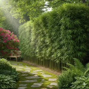 Ein hoher, dichter Bambuswall, der als eine der schnell wachsenden Gartenpflanzen für Sichtschutz dient.
