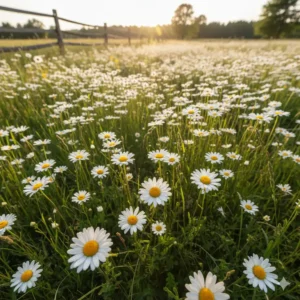 Ein Feld voller Gänseblümchen, eine klassische Wahl unter den Gartenpflanzen mit weißen Blüten.