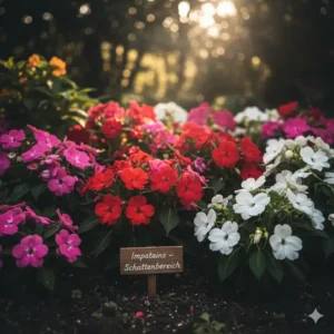 Bunte Impatiens-Blüten in Rot, Weiß und Rosa, die ein schattiges Blumenbeet aufhellen. Sie sind beliebte Blumen, wenn man Gartenpflanzen für Schattenplätze kaufen möchte.