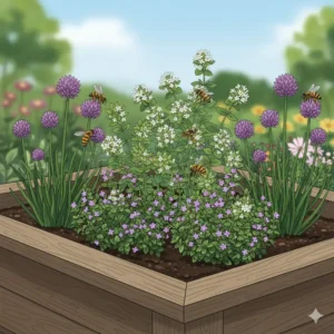 Eine Sammlung von Kräutern wie Thymian und Oregano, die zu den nützlichen Gartenpflanzen für bienenfreundlichen Garten gehören.
