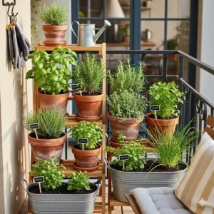 Ein kleiner Kräutergarten in Töpfen, ideal als gartenpflanzen im topf für balkon und terrasse für die Küche.