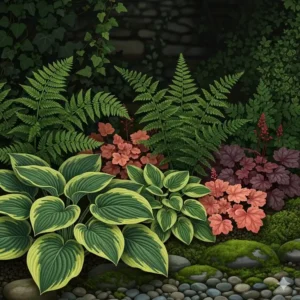 Illustration von pflegeleichten Schattenpflanzen wie Farnen und Hosta, die einen dunklen Gartenbereich beleben. Ideal für pflegeleichte Gartenpflanzen für Anfänger.