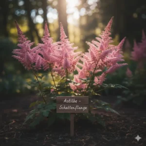 Eine federartige, rosa Astilbe in voller Blüte, die einem schattigen Gartenabschnitt Farbe und Textur verleiht.