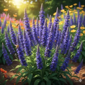 Auffällige blaue Spitzen von mehrjährigem Salbei (Salvia), die Bienen und Schmetterlinge in einem sonnenverwöhnten Garten anziehen.