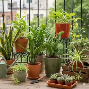 Verschiedene pflegeleichte Topfpflanzen, ideal für Anfänger auf einem Balkon oder einer Terrasse. Ein weiterer Aspekt von pflegeleichte Gartenpflanzen für Anfänger.