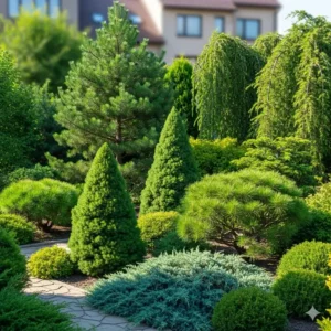 Verschiedene arten von kleinen und großen koniferen, die ideal sind, wenn man beste winterharte gartenpflanzen kaufen möchte.