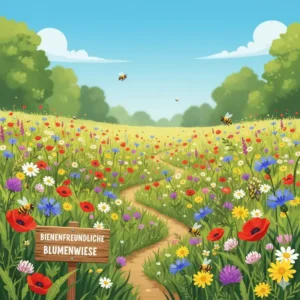  Eine bunte Blumenwiese, die eine natürliche Umgebung und wichtige Gartenpflanzen für bienenfreundlichen Garten bietet.