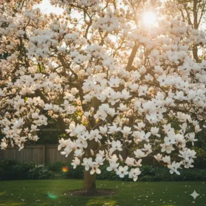 Ein blühender Magnolienbaum mit auffälligen Gartenpflanzen mit weißen Blüten.