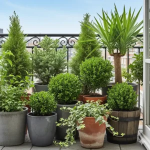 Robuste, immergrüne gartenpflanzen im topf für balkon und terrasse für ganzjähriges Grün.