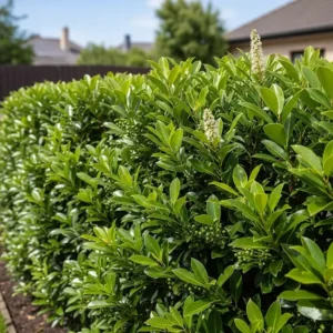 Ein üppiger Kirschlorbeer-Busch, der als eine der besten schnell wachsenden Gartenpflanzen für Sichtschutz gilt.