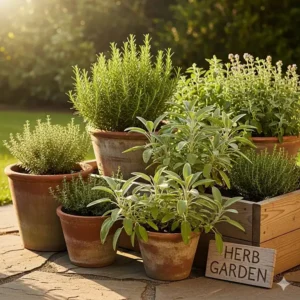 Ein einfacher Kräutergarten mit pflegeleichten Kräutern wie Rosmarin und Salbei, die wenig Aufwand erfordern. Ein Teilbereich von pflegeleichte Gartenpflanzen für Anfänger.