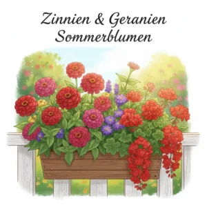 Zinnien und Geranien in einem bunten Blumenkasten, ideale lang blühende gartenpflanzen für den sommer auf dem Balkon.