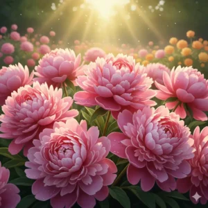 Große, üppige rosa Pfingstrosen (Paeonia), die an einem sonnigen Platz prächtig blühen, eine klassische Wahl für einen hellen Garten.