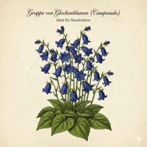 Gruppe von Glockenblumen in kräftigem Blau. Eine pflegeleichte Gartenpflanze mit blauen Blüten online.