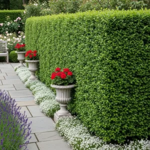 Ein sorgfältig geformter Buchsbaum, eine von vielen schnell wachsenden Gartenpflanzen für Sichtschutz, der einen dichten Schutz im Garten schafft.