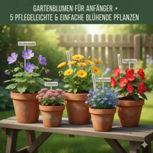 Drei einfache Topfpflanzen als Inspiration für pflegeleichte blühende gartenpflanzen, die sich für Anfänger eignen.