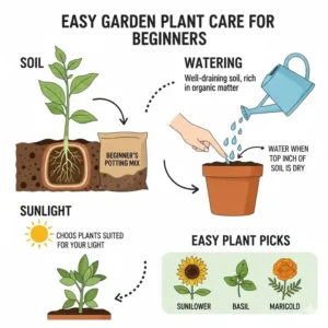 Ein Diagramm, das die einfache Pflege von Gartenpflanzen für Anfänger illustriert, einschließlich richtiger Boden- und Bewässerungstechniken. Alles über pflegeleichte Gartenpflanzen für Anfänger.
