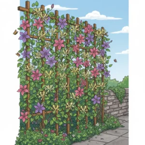 Rankende Kletterpflanzen wie Clematis und Geißblatt sind eine attraktive Möglichkeit, um zu zeigen, welche gartenpflanzen blühen das ganze jahr.