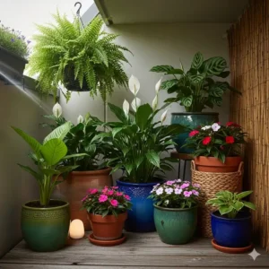  Schattenliebende gartenpflanzen im topf für balkon und terrasse in einer kühlen Ecke.