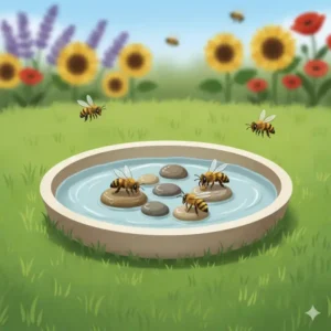 Ein flaches Gefäß mit Wasser und Kieselsteinen, das eine Trinkquelle für Bienen im Gartenpflanzen für bienenfreundlichen Garten darstellt.