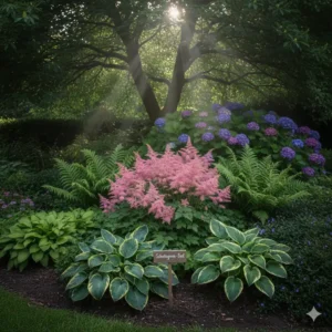 Ein gut gestaltetes Gartenbeet mit einer Vielzahl von Pflanzen, die sich im Schatten wohlfühlen, wie Funkien, Farne und Hortensien, ein schönes Beispiel, wenn man Gartenpflanzen für Schattenplätze kaufen möchte.
