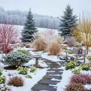 Ein gut gestalteter garten im winter, der zeigt, wie man mit den beste winterharte gartenpflanzen kaufen eine schöne landschaft schafft.