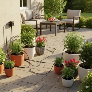 Ein Bewässerungssystem für effiziente Pflege von gartenpflanzen im topf für balkon und terrasse.