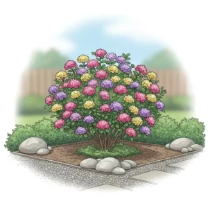 Eine Illustration eines blühenden, pflegeleichten Strauches, der eine bunte und einfache Gartengestaltung ermöglicht. Eine Option unter pflegeleichte Gartenpflanzen für Anfänger.