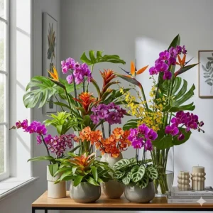 Eine wunderschöne Anordnung von blumen und pflanzen zur Heimdekoration.