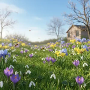 Eine Gruppe von Krokussen und Schneeglöckchen, die frühe und wichtige Gartenpflanzen für bienenfreundlichen Garten sind.