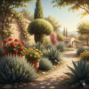 Ein Beispiel für einen mediterranen Garten mit hitzeliebenden Pflanzen wie Rosmarin und Zypresse, ideale gartenpflanzen fuer sonnige standorte.
