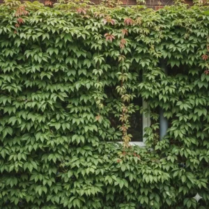 Eine Hauswand, die vollständig mit Wildem Wein bewachsen ist, der als schnell wachsende Gartenpflanzen für Sichtschutz dient.