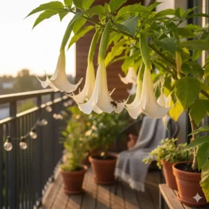 Nahansicht einer hängenden, duftenden Engelstrompete (Brugmansia), einer idealen balkonpflanze für abendstunden.
