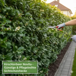 Der Kirschlorbeer 'Novita' ist eine günstige heckenpflanzen für sichtschutz