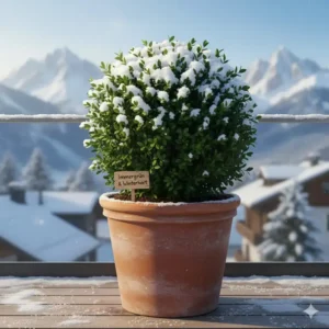 Ein Formschnitt-Buchsbaum im Kübel, zählt zu den winterharte balkonpflanzen für ganzes jahr.