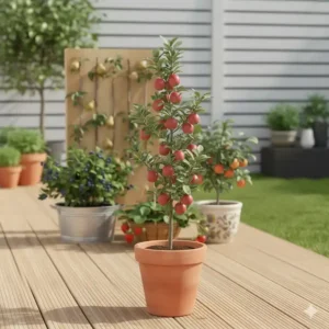 Hohe schlanke Säulenobstpflanze mit Äpfeln, ideal für enge Balkone und den kleinen Garten als Obstpflanze