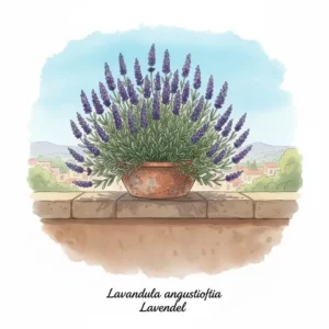 Lavendel (Lavandula angustifolia) auf dem Balkon, eine mediterrane Pflanze, die zu den Balkonpflanzen die wenig Wasser brauchen gehört.